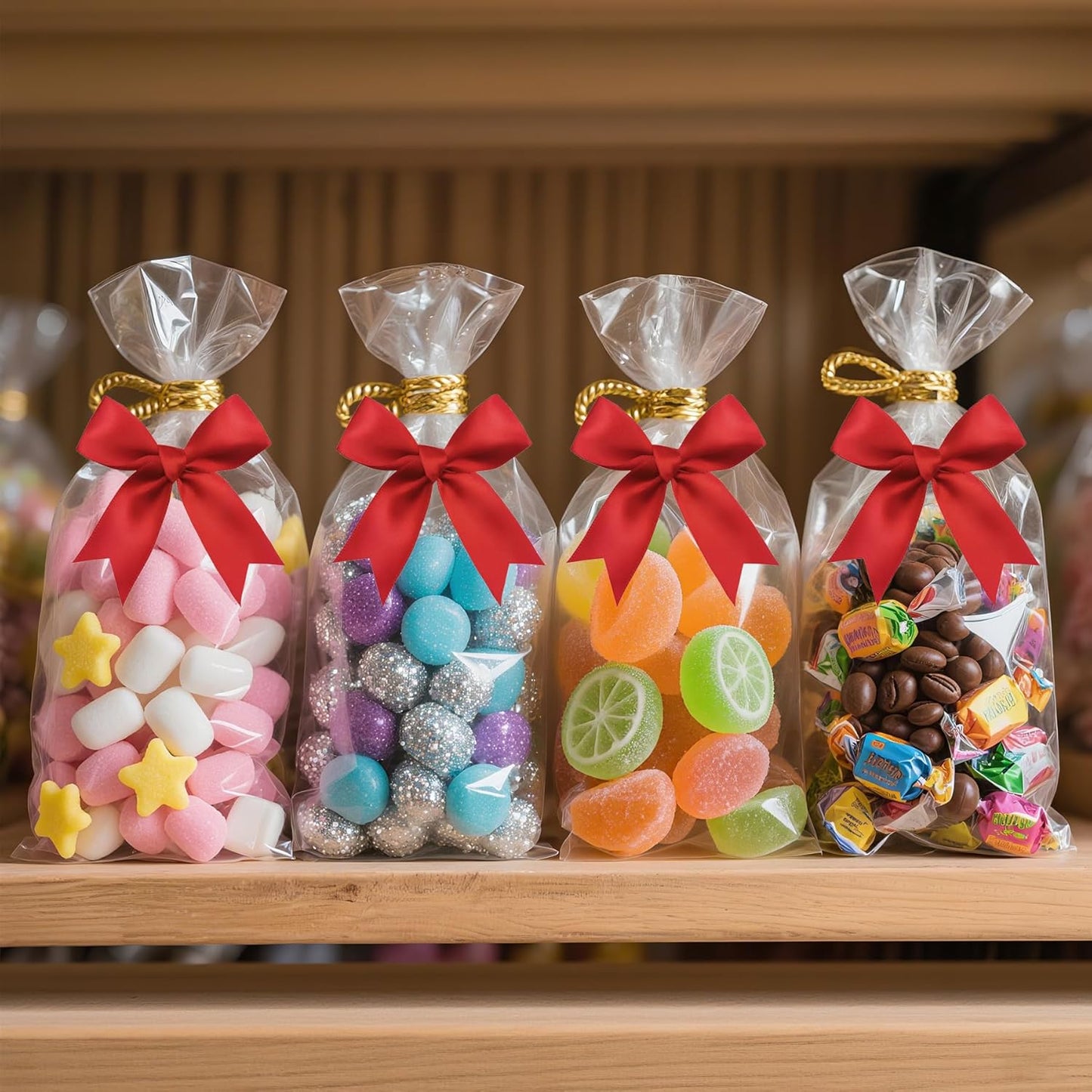 50 PCS Twist Tie Bows Satin Ribbon Bows 3.3 Inch Gift Wrap Bows Craft Bows for Gift Wrapping, Party Decorations Gifts Bag DIY Treat Bags Wedding Decor Baby Shower Christmas (Red)