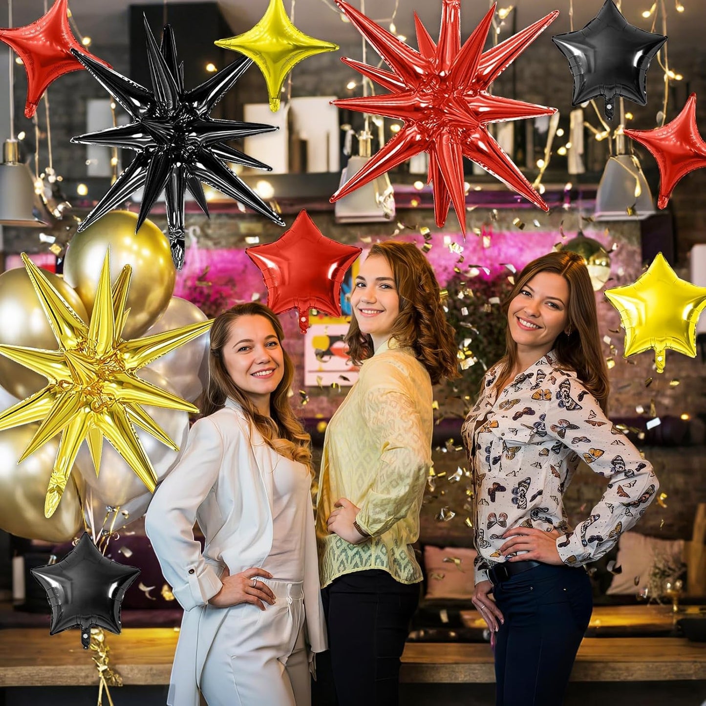 Black Gold Red Star Balloon,16Pcs Star Foil Balloons Set with 22Inch Explosion Spike Cone Balloons and 10Inch Quadrangle Helium Balloon for Birthday Wedding Baby Shower Party Decorations