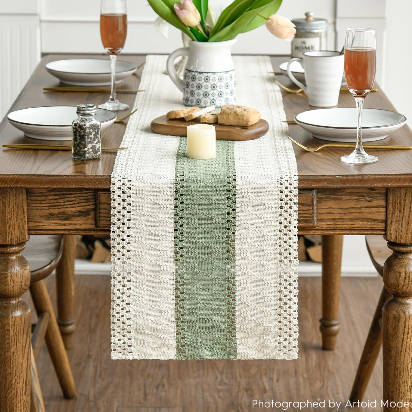 Artoid Mode Light Green Farmhouse Rustic Table Runner, Seasonal Holiday Hollow Kitchen Dining Table Decoration for Home Party Decor 12x48 Inch