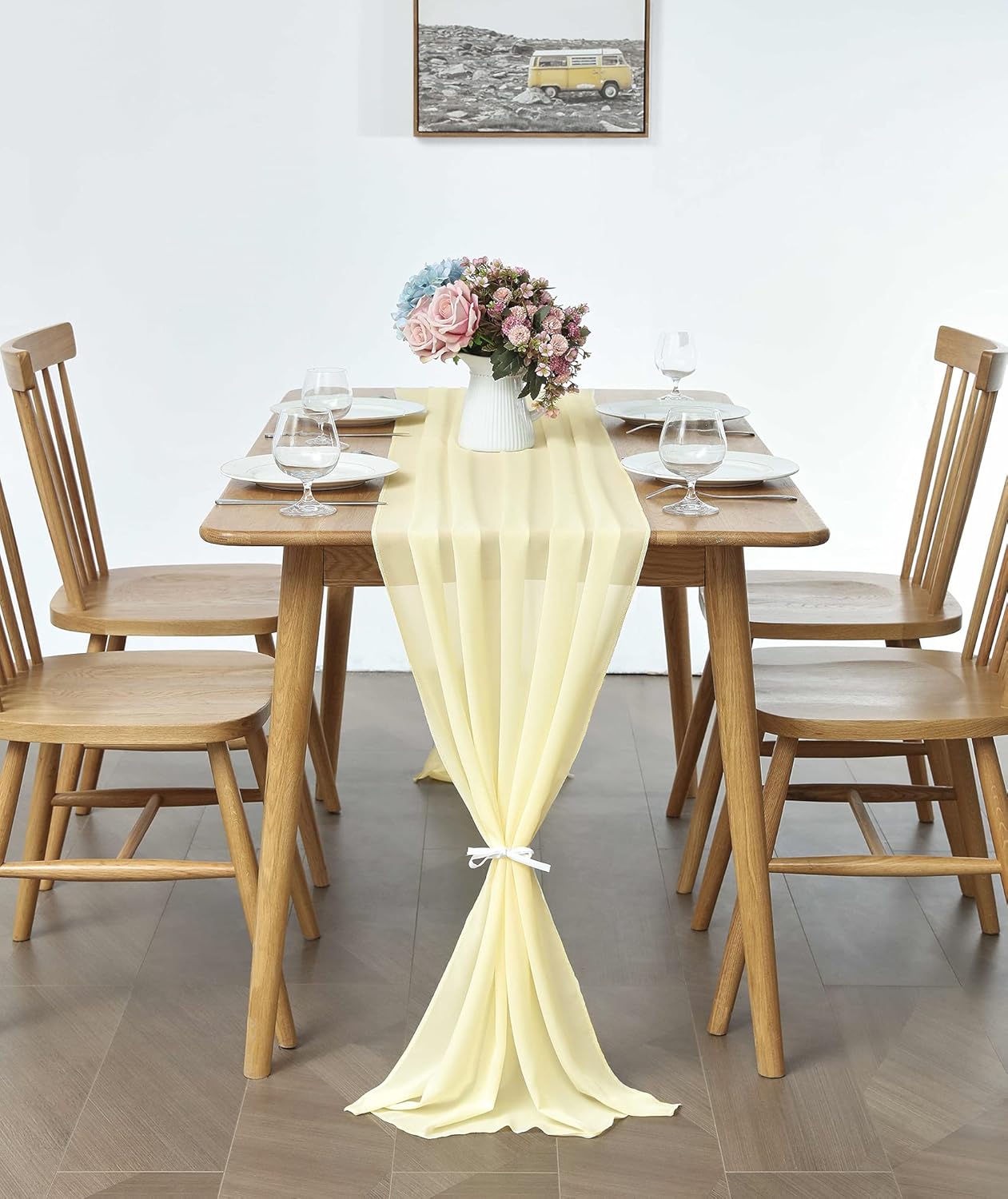 5 Pack 10Ft Light Yellow Chiffon Table Runner Sheer 29x120 Inch for Romantic Wedding Decor Bridal & Baby Shower Birthday Rustic Party Decoration