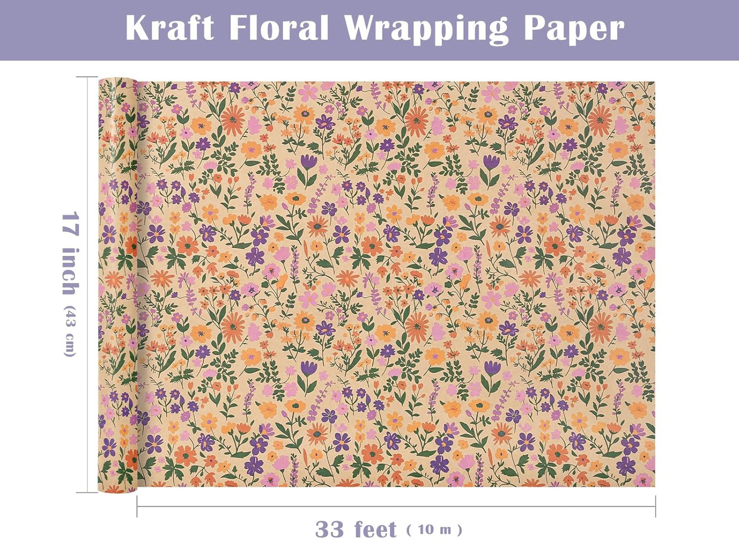 WRAPAHOLIC Kraft Floral Wrapping Paper Roll - Mini Roll - 17 Inch x 33 Feet - Vintage Flower Wrapping Paper, Perfect for Wedding, Birthday, Bridal Shower, Tea Party