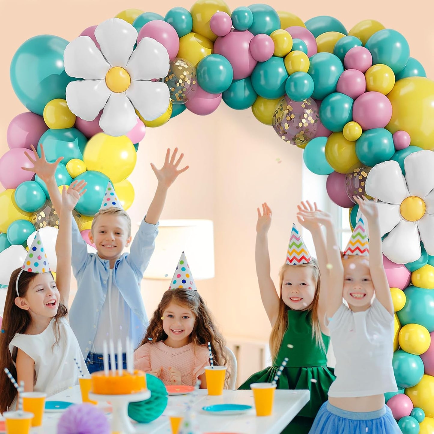 Teal Pink Yellow Daisy Garland Arch Kit, 132 Piece Blush Confetti Latex Metal Aluminum Foil Balloons for Girls Birthday Baby Shower Party Decor Supplies