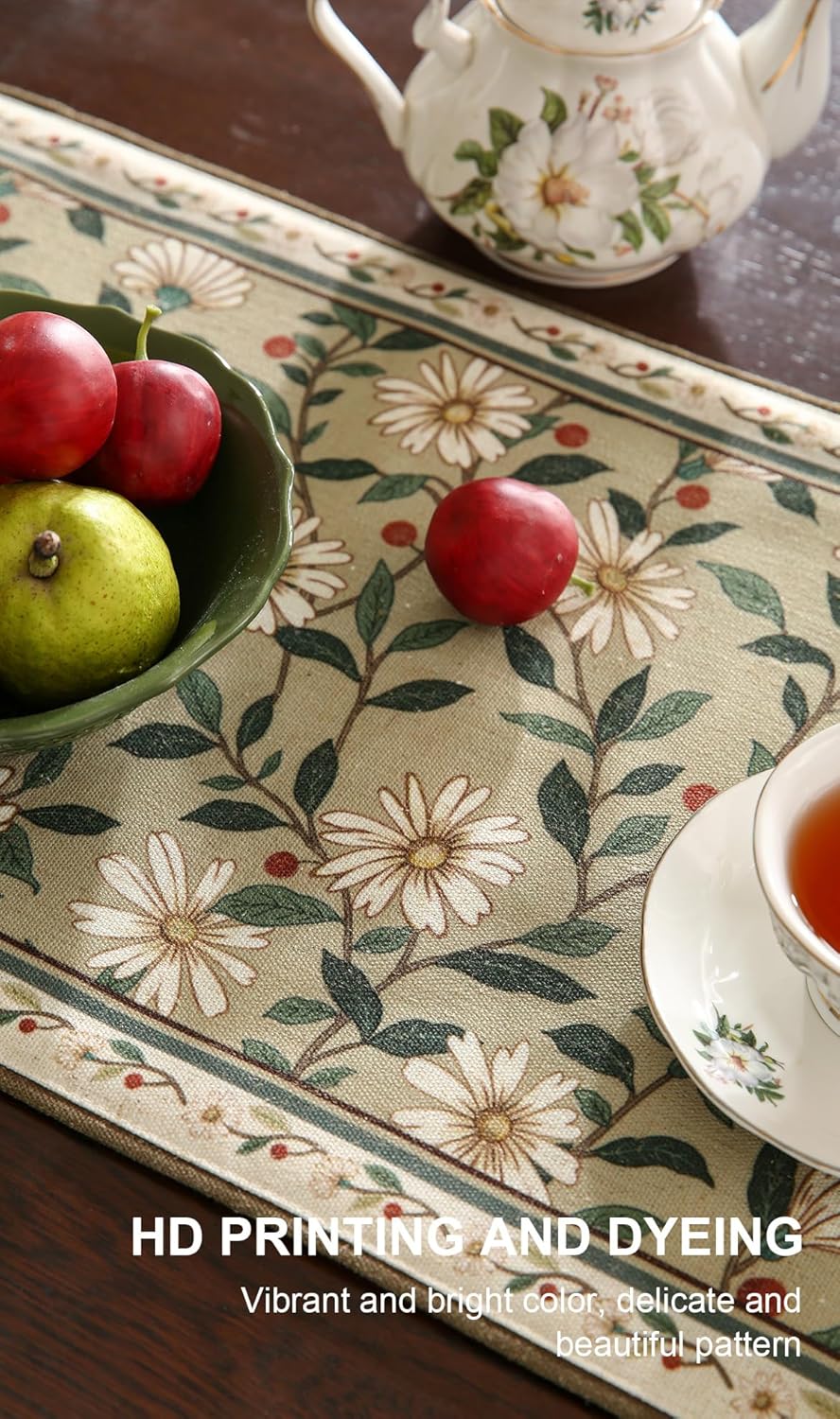 ISAENNE Designer Green Elegant Linen Table Runner 102 Inches Long,Flower and Leaves Pattern Wrinkle Resistant Table Runners for Dining Tables,Thanksgiving,Kitchen Tables,Christmas,12"*102"-Brune