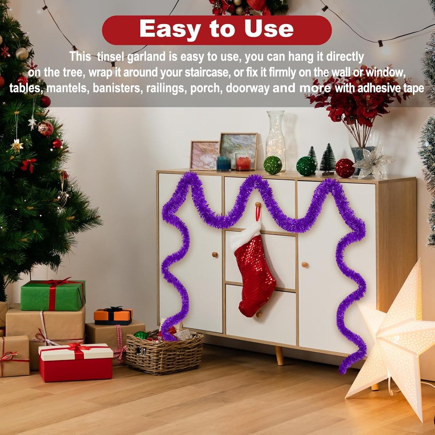 50 Feet Purple Christmas Tinsel Garland, Metallic Foil Twist Garland Wall Hanging Tinsel Banner Backdrop for Parade Floats, Easter, Mother's Day, Wedding Party Decorations (2in x 50ft)