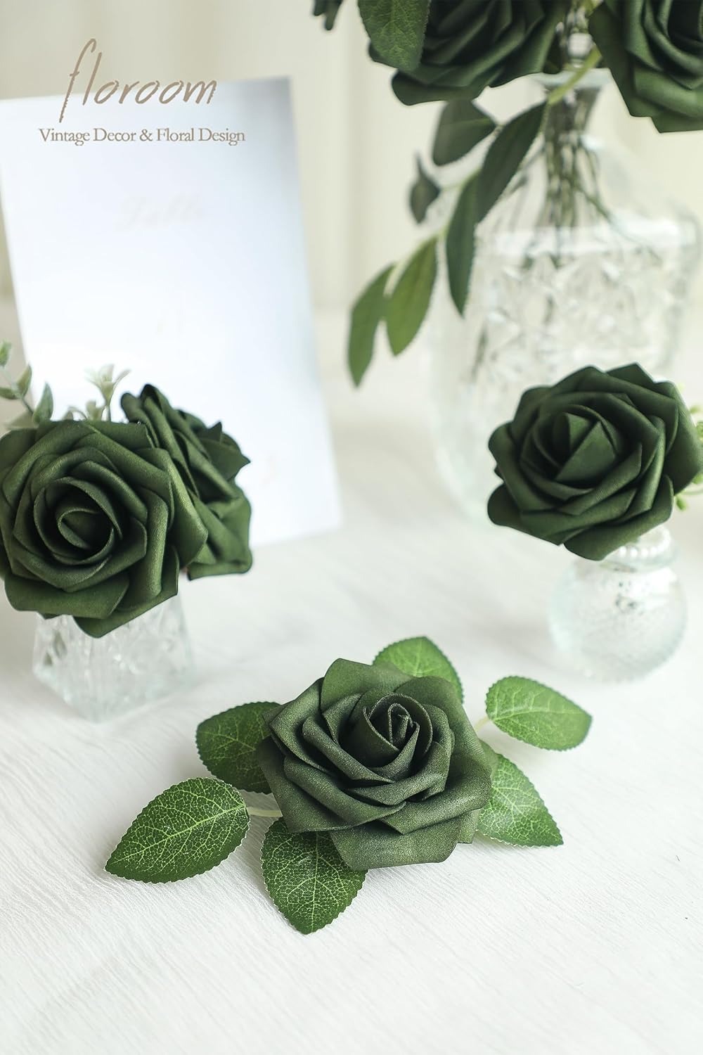 Floroom Artificial Flowers 50pcs Real Looking Emerald Green Foam Fake Roses with Stems for DIY Wedding Bouquets Bridal Shower Centerpieces Floral Arrangements Party Tables Home Decorations