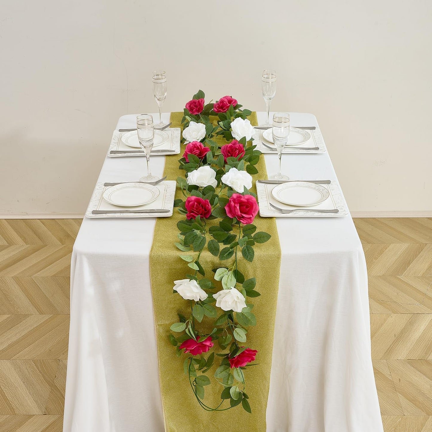 Artificial Rose Garlands Red Rose Vines Leaves Banners Hanging Floral Garland Fake Rose Flower Vine Wall Decorations