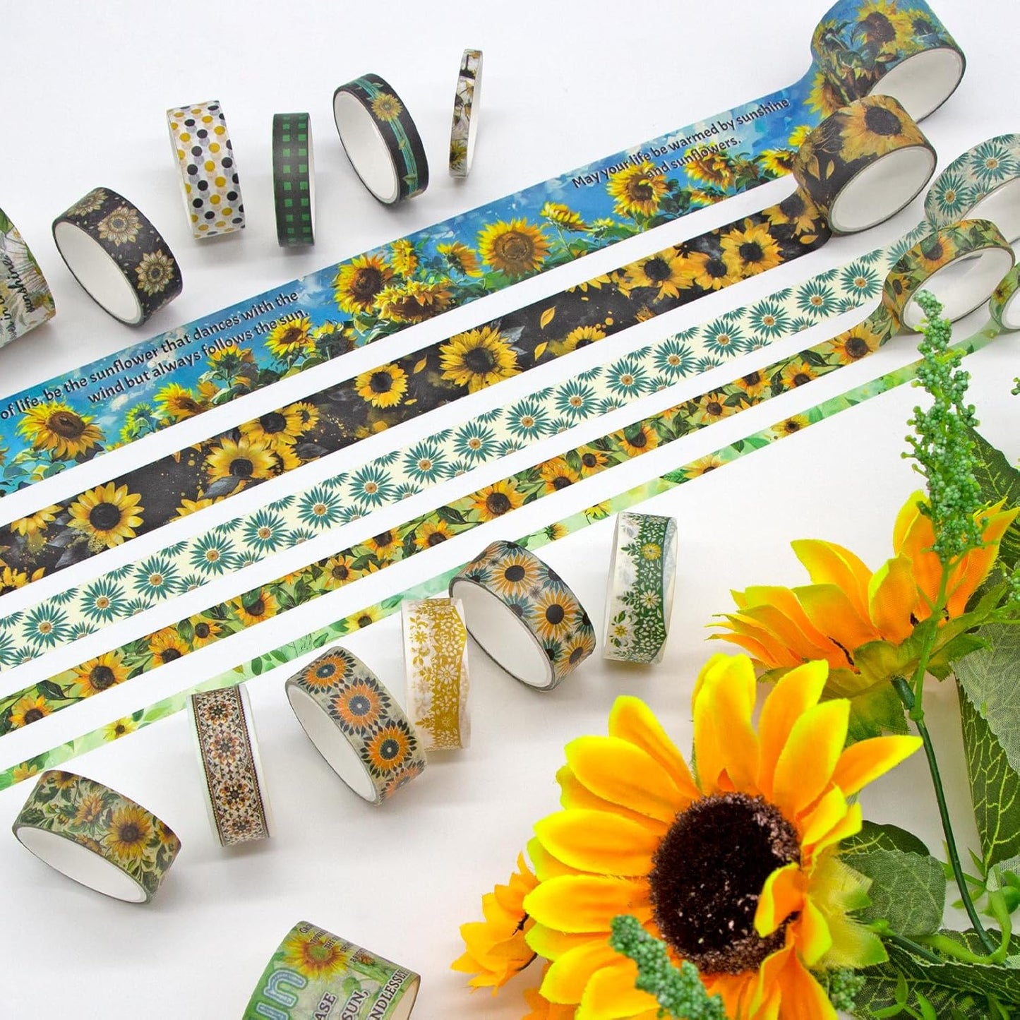 27 Rolls Washi Tape Set - Decorative Masking Tape Colored Sunflower Patterns, Adhesive Artists Tapes for Journaling Supplies, DIY Crafts, Scrapbooking, Junk Journal Supplies, School Supplies