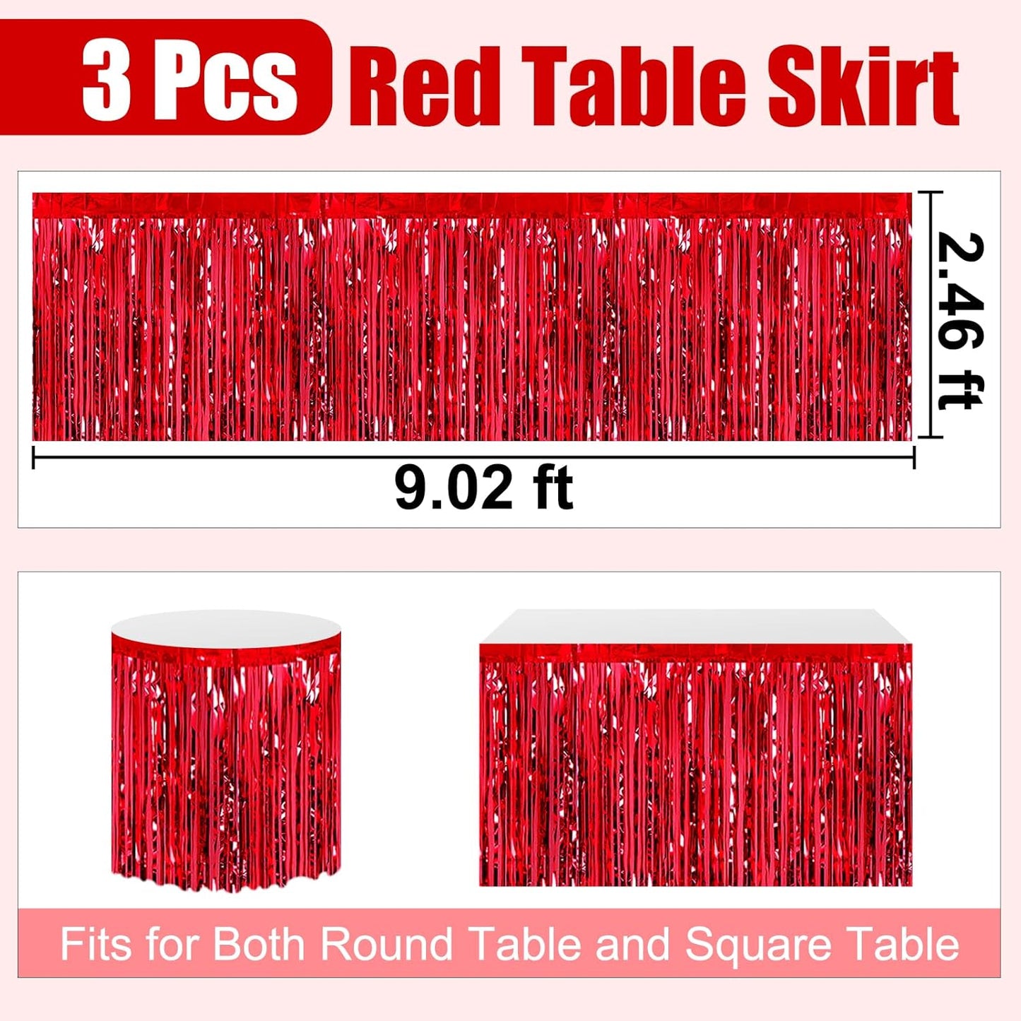3 Pack 29 x108 Inch Red Foil Fringe Table Skirts Metallic Banner for Tinsel Streamer Garland Backdrop for Parade Floats Wedding Thanksgiving Birthday Christmas Halloween New Year Party Decoration
