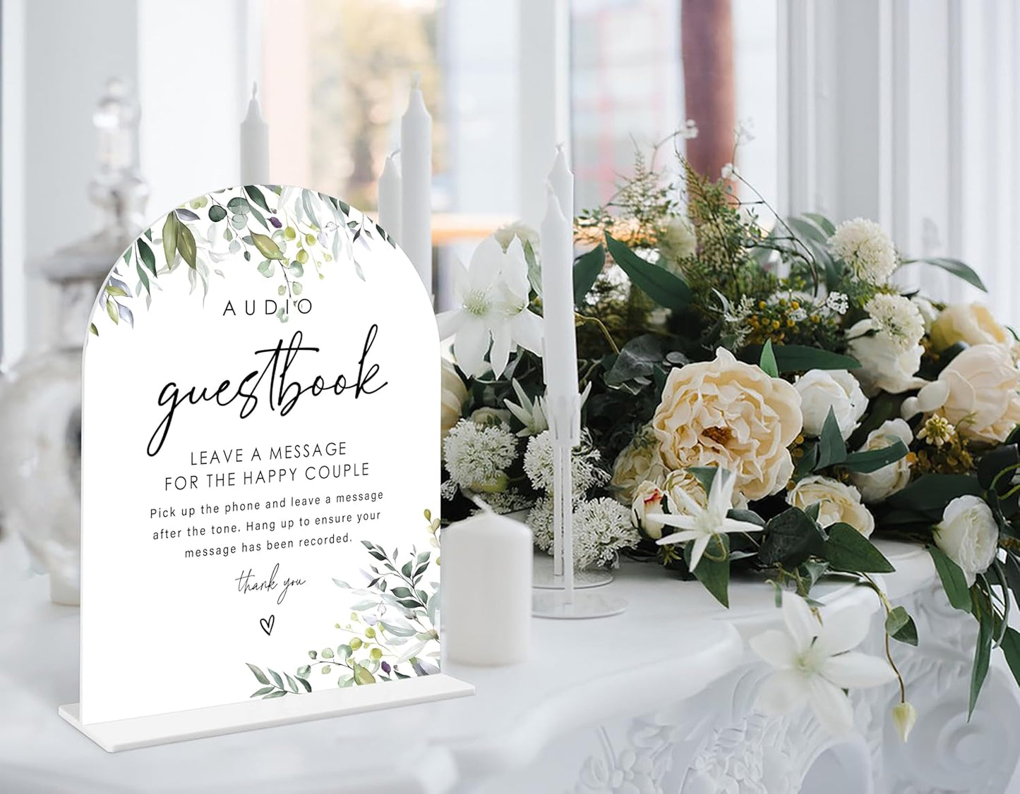 Greenery Audio Guest Book Sign, 6 x 8 Inch White Arch Acrylic Wedding Sign with Holder, Wedding Sign for Ceremony and Reception, Wedding Decoration, Wedding Supplies - LY29