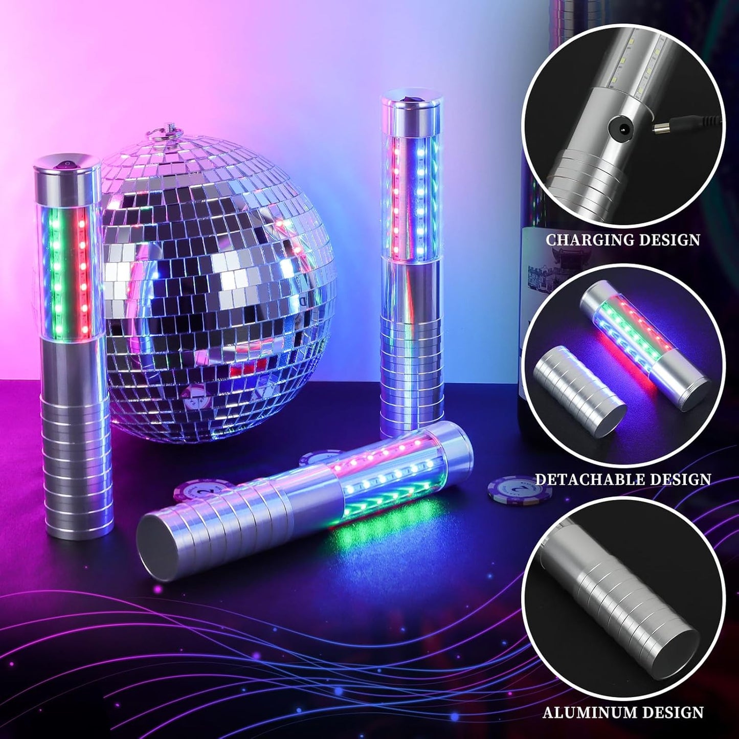 6 Pieces RGB LED Strobe Baton Light Rechargeable Bottle Service Sparklers Stick Reusable Champagne Bottle Handheld LED for Club Stage Nightclub Party Concert Event Bar Outdoor - Silver