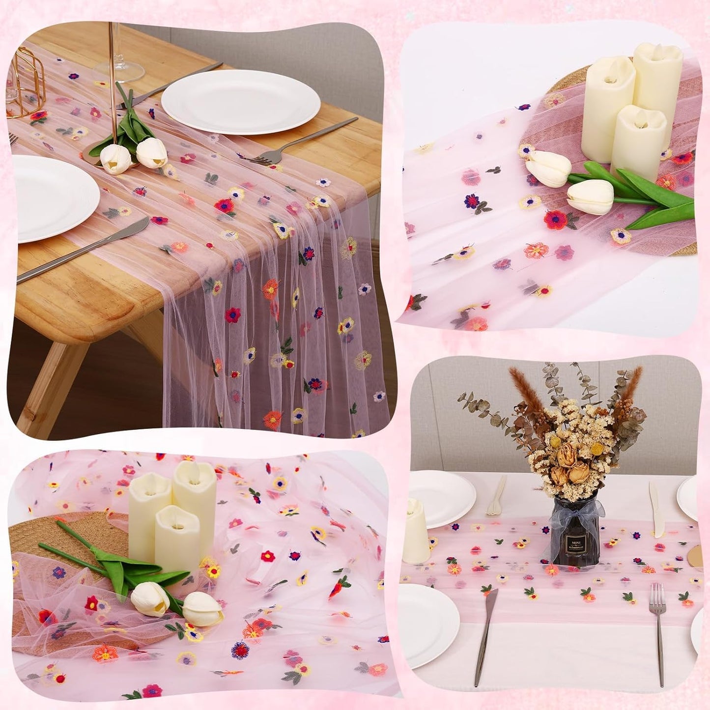 6PCS Pink Floral Table Runner 10 FT, Embroidery Daisy Table Runners Seasonal Sheer Tulle Table Runner for Thanksgiving Wedding Birthday Baby Shower Party ﻿