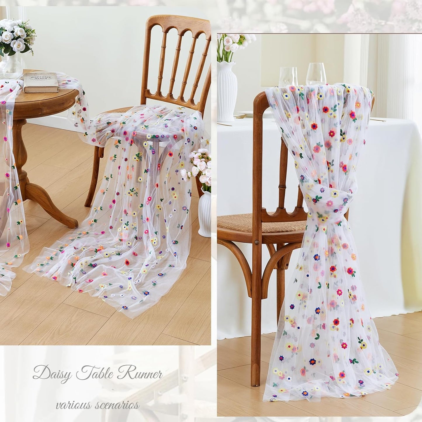 JIALE Ivory Floral Table Runner, Embroidery Daisy Seasonal Table Decorations, 120Inch 10FT 1PC Tulle Fabric for Home Decor, Bridal Shower Wedding, Baby Shower Parties, DIY Craft