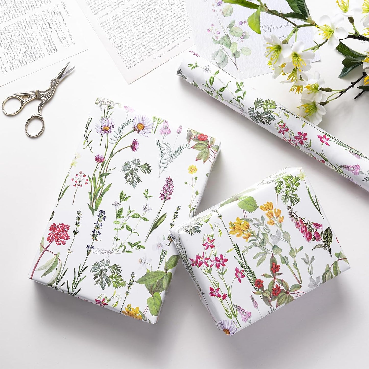 RUSPEPA Floral Wrapping Paper Roll for Women Girls, Mini Roll, Elegant Wild Flower Design Gift Wrap Paper Perfect for Birthdays, Bridal Shower, Spring, Wedding, Mother's Day, 17 Inch x 16.4 Feet