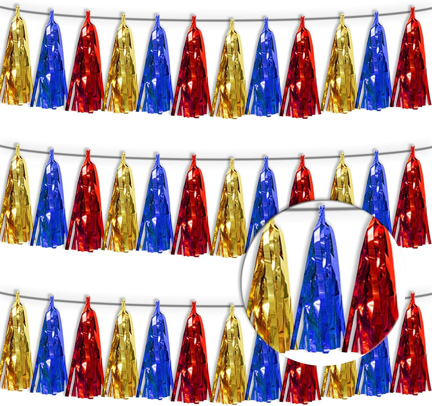 3P Gold Blue Red Foil Fringe Tassel Banner Metallic Tinsel Streamer Garland Wall Curtain Backdrop for Parade Floats, Graduation, Halloween, Christmas, Baby Bridal Shower Party Decorations