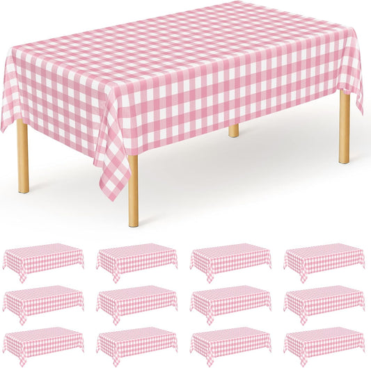 12Pack Table Cloth Rectangle Table, 54" x 108" Plastic Table Cloth Disposable, Waterproof Pink and White Checkered Table Cover for Outdoor Picnic Birthday Party Supplies Gathering BBQ Holiday Dinner
