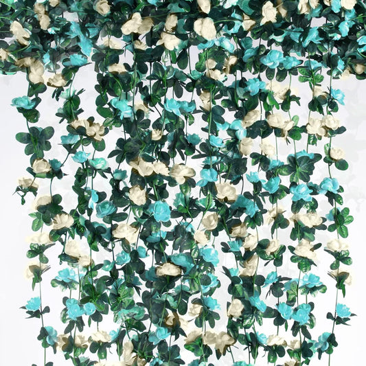 6 Pcs x 8.2 ft Flower Garland Artificial Rose Vine Flowers with Green Leaves Hanging Fake Roses Vine for Room Party Home Wedding Birthday Christmas Wall Arch Decor, White Blue Flower