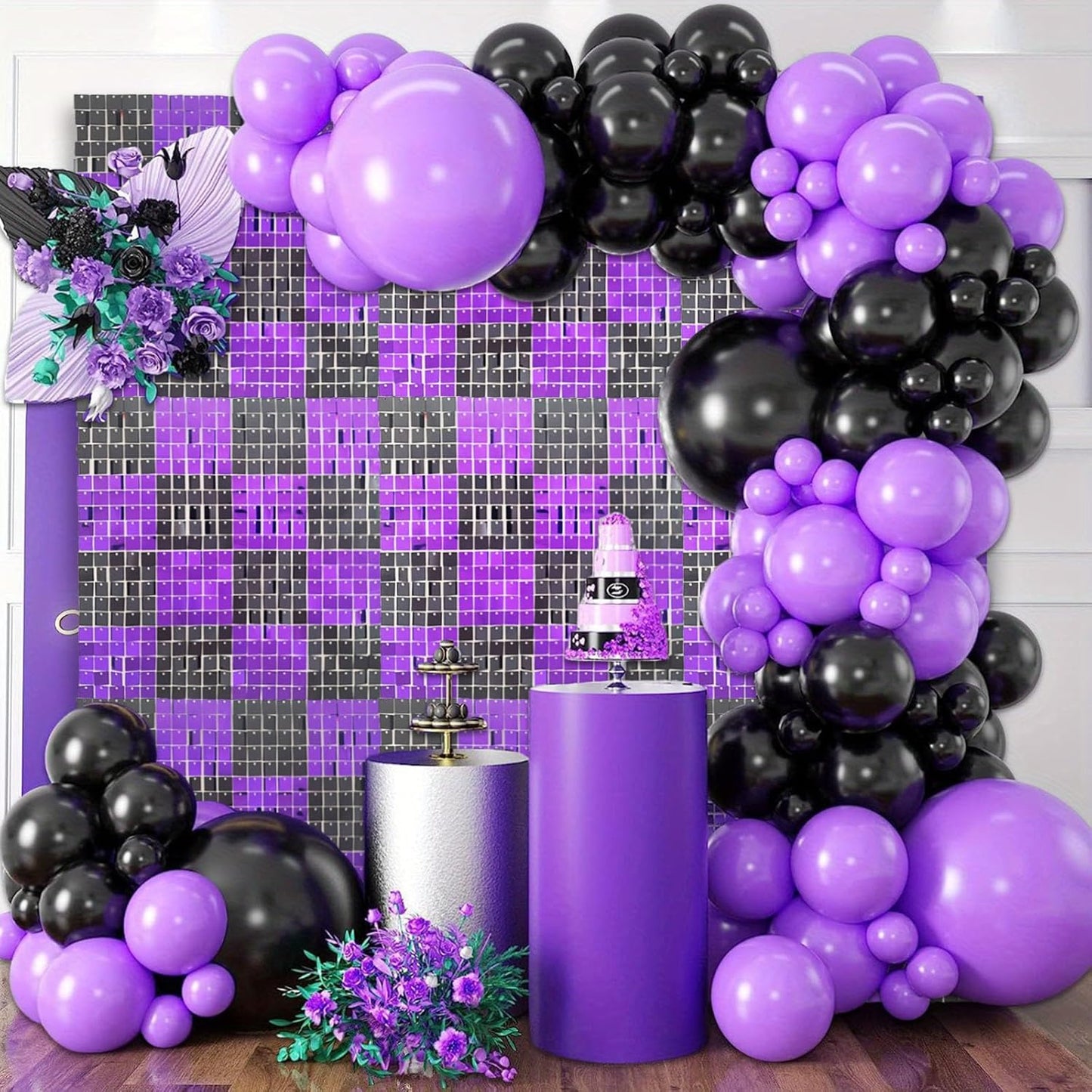 24PCS Black Purple Shimmer Wall Backdrop, Square Sequin Photo Backdrops Panel, Glitter Wall Background for Birthdays, Weddings, Christmas, Engagements, Halloween Party Decor (4FTx6FT)