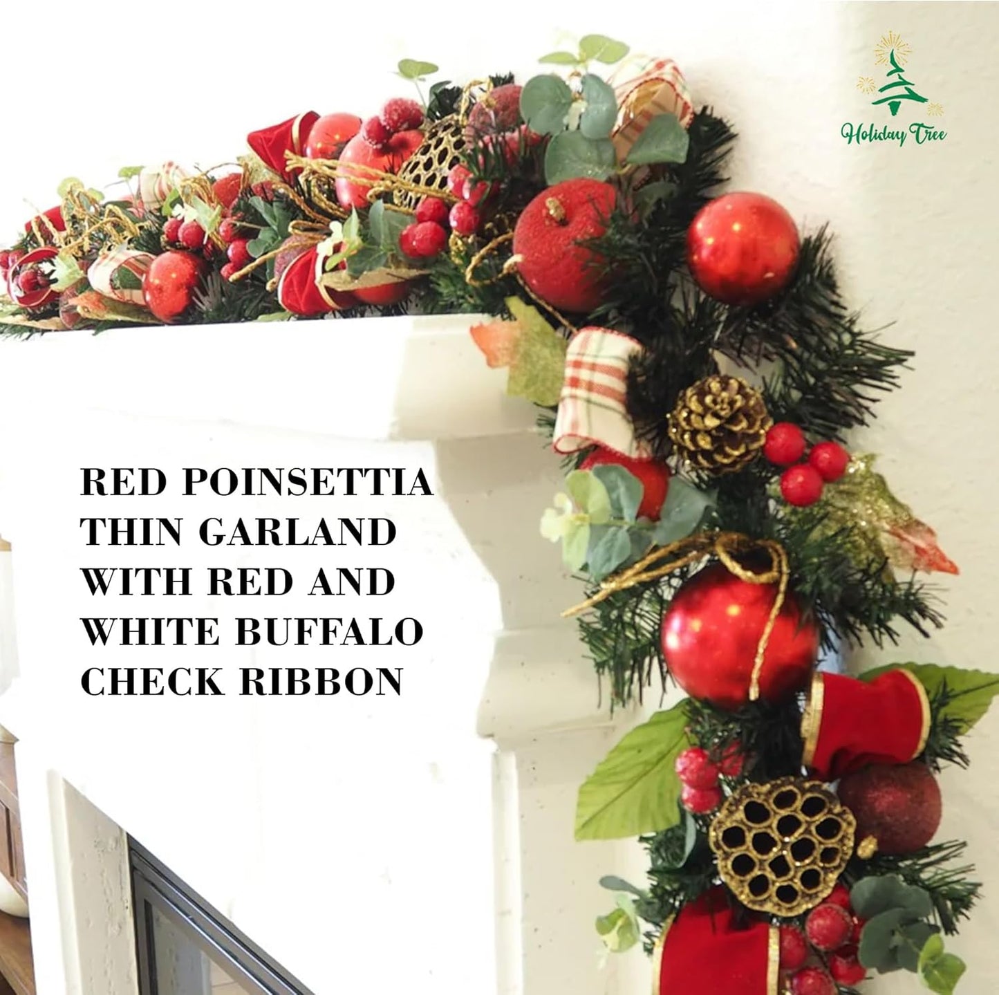 5 ft Christmas Garland for Mantle for Stairs Railing, Banister, Staircase, Fireplace, for Table No Light, Garland Decor Frosted Red Poinsettia Holiday Tree (Red Plain Lotus Pod Garland)