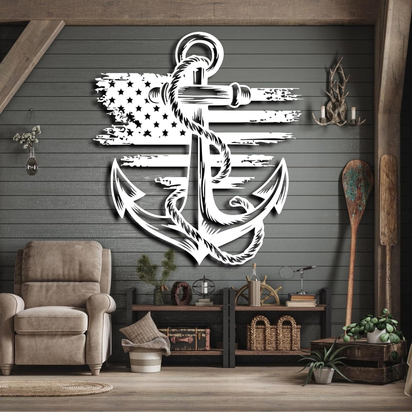 lunwall Metal Anchor Wall Decor, Anchor Metal Sign, Metal Anchor Decor, Anchor Metal Wall Art, Metal Nautical Wall Decor, Metal Wall Decor Coastal, Anchor Wall Decor (white, 35L x 32W / 90 x 81 cm)