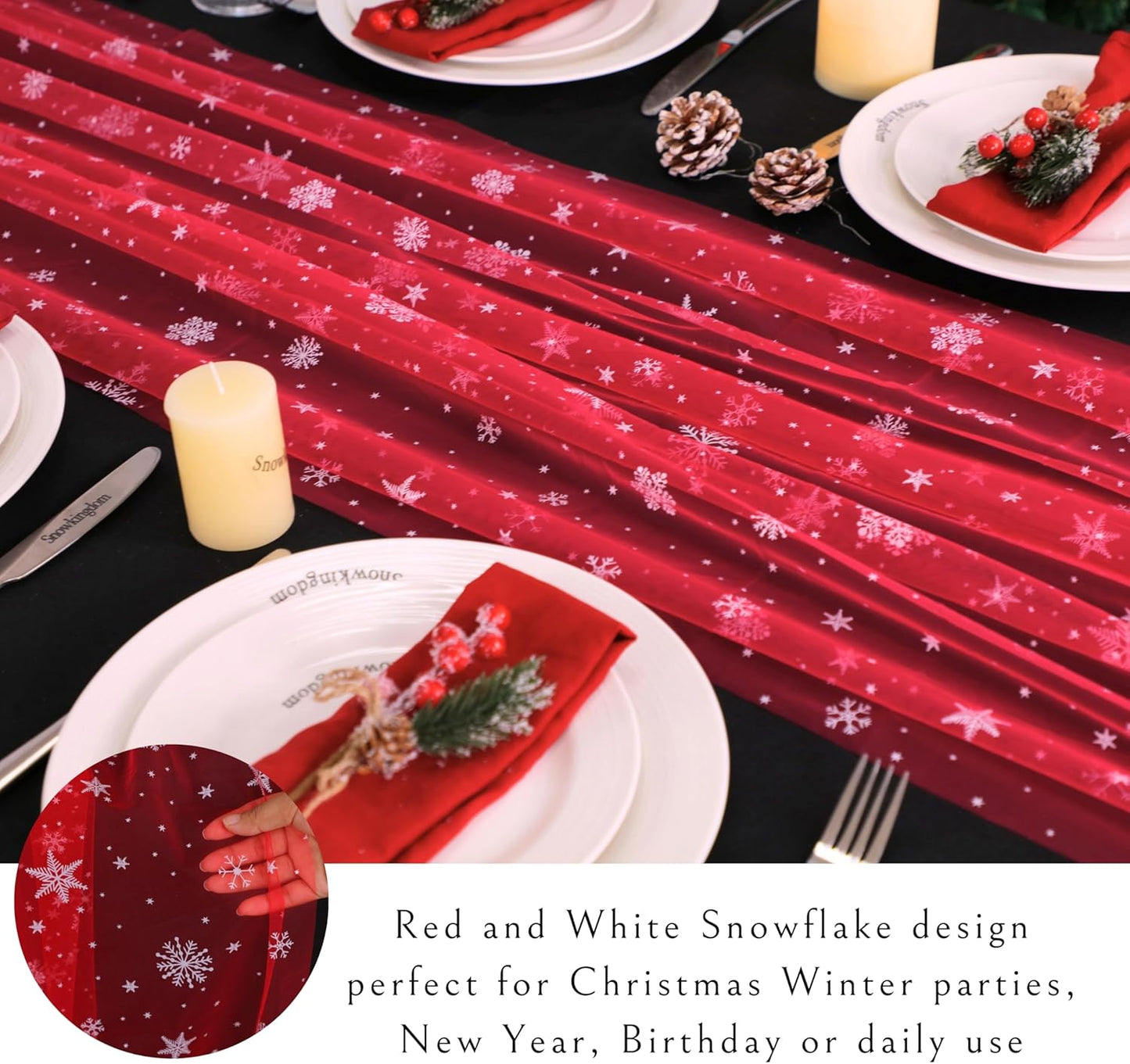 Snowkingdom Red Christmas Table Runner, Red and White Snowflakes Cheesecloth Table Runner, Chiffon Gauze Seasonal Winter Kitchen Dining Decorations for New Year Home Party Decor 120 Inch