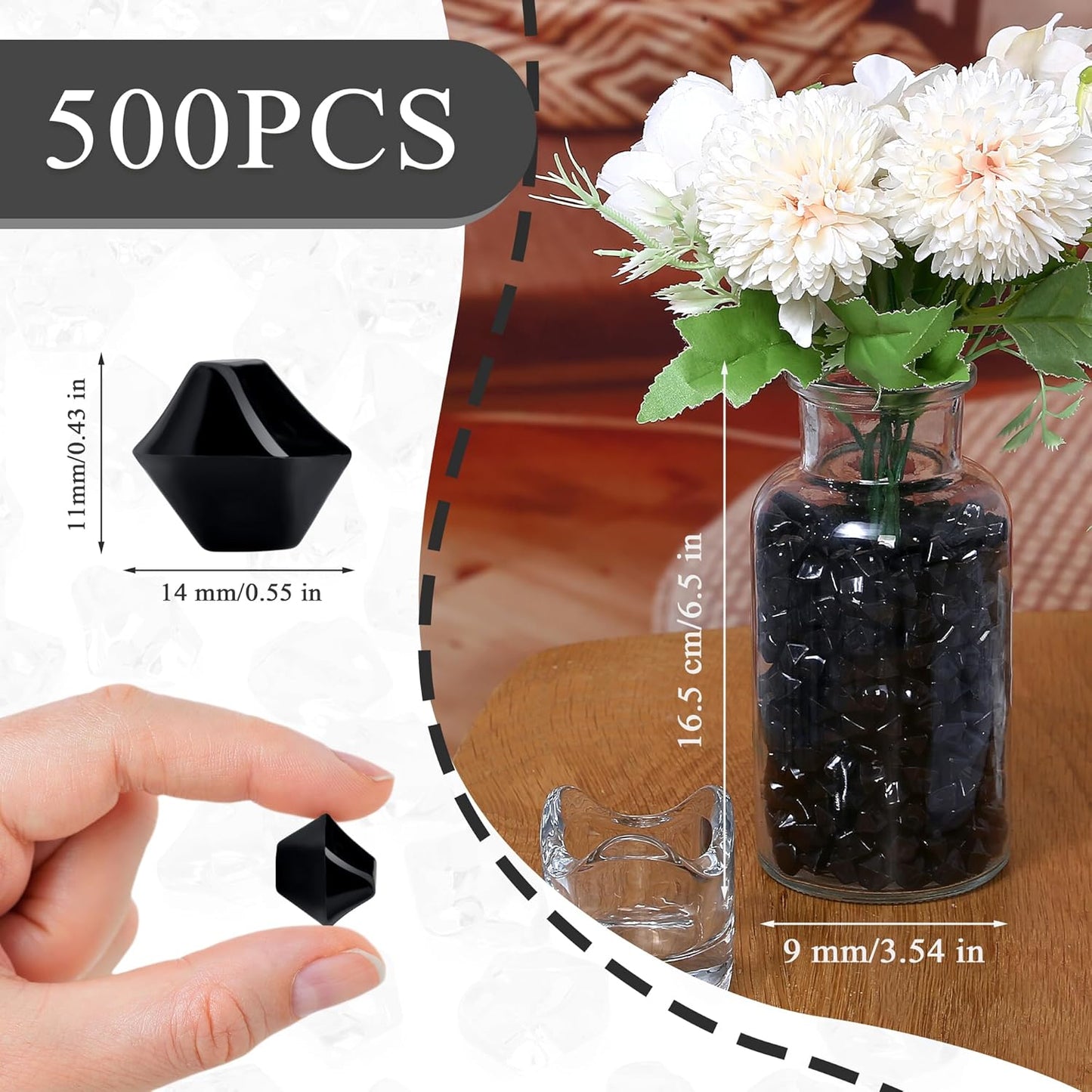 LAIDANLA 500PCS Black Acrylic Gems Vase Fillers for Centerpiece Black Fake Ice Cubes Plastic Diamonds Crushed Rocks for DIY Craft Party Table Scatter Prop Wedding Decoration Accessories