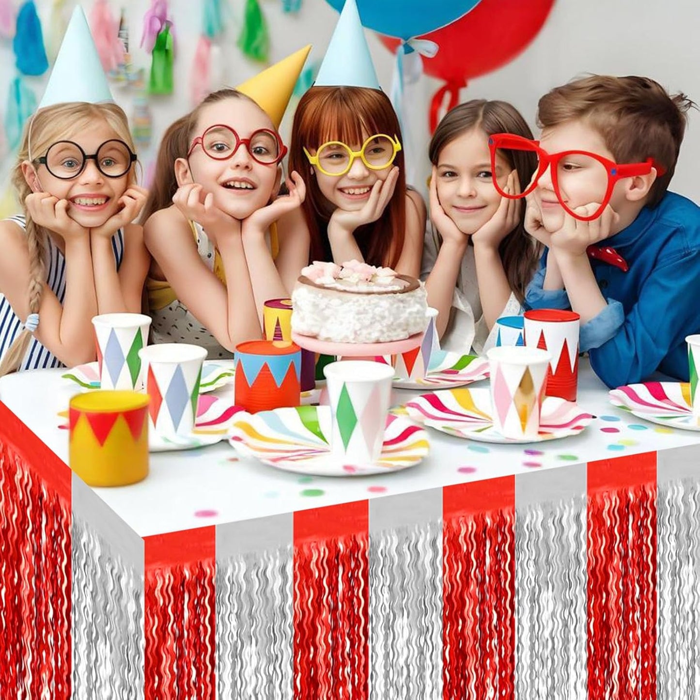 6 Pack 29x108 Inch Red Silver Wave Foil Fringe Table Skirts Metallic Banner for Tinsel Streamer Garland Backdrop for Parade Floats Wedding, Mother's Day, Birthday Mardi Gras Party Decorations