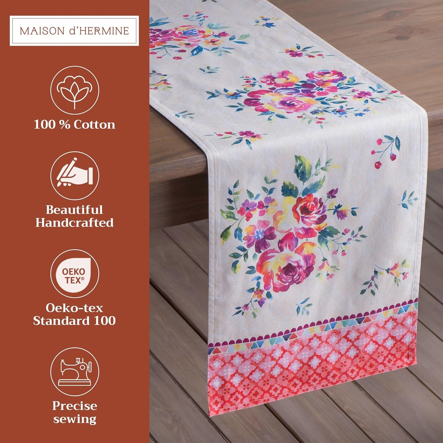 Maison d' Hermine Table Runner 100% Cotton Single Layer Table Runners 72 inches Long Decorative for Kitchen Dining Party Baby Shower Wedding Bridal Shower Spring Summer (Rose Garden, 14.50" x 72")