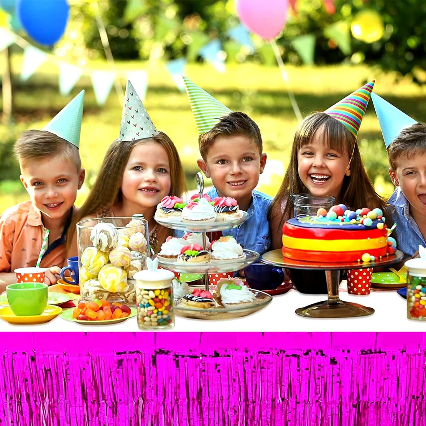 4 Pack 29x108 Inch Metallic Foil Fringe Tinsel Table Skirts for Rectangle Tables Streamer Curtains Backdrop for Christmas, Birthday, Parade Floats, Halloween Day Party Supplies(Fuchsia)