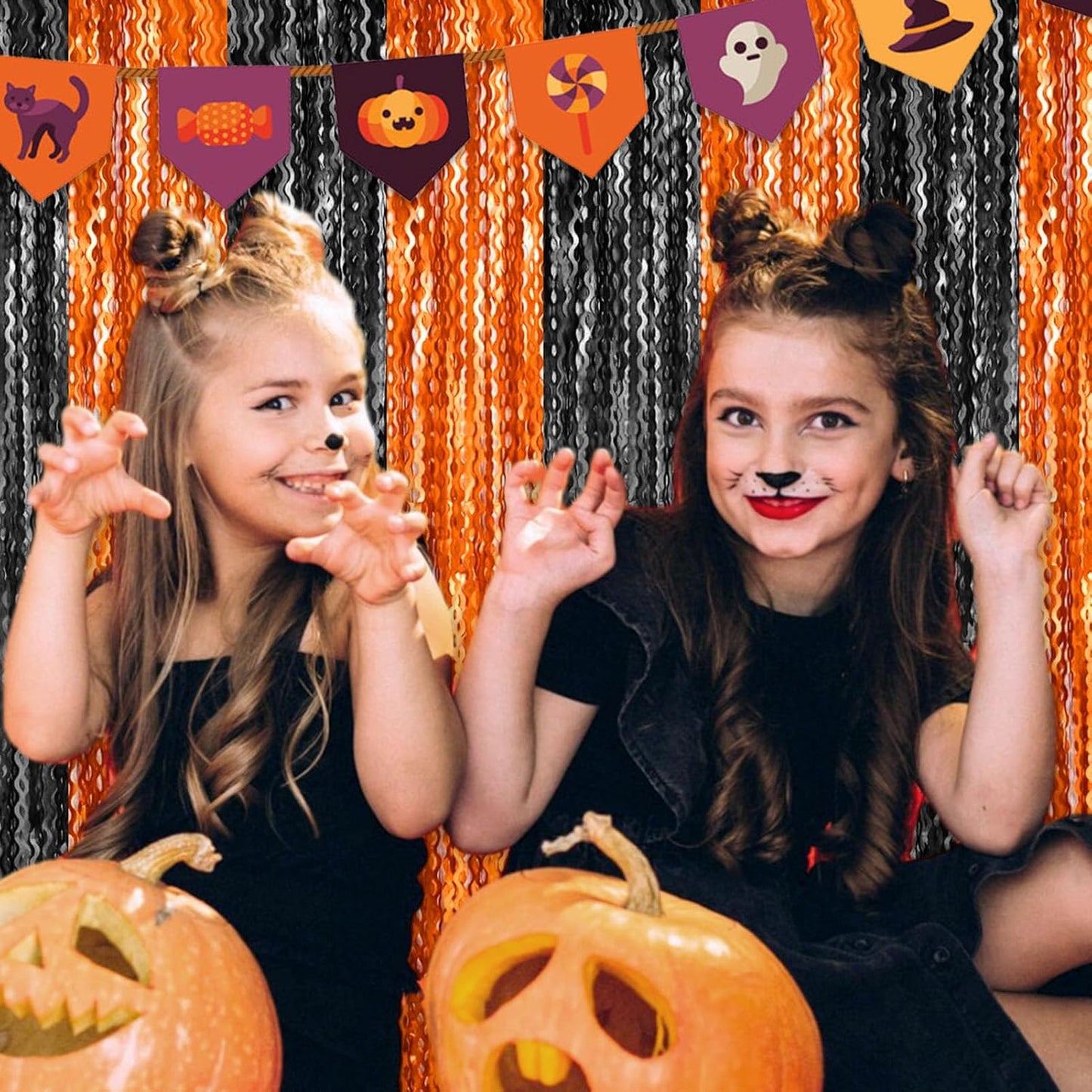 4 Pack Black Orange Wave Foil Fringe Curtain Backdrop, 3.28Ft x 8.2Ft Metallic Tinsel Foil Fringe Streamer Curtains for Photo Booth, Mother's Day, Easter, Birthday, Wedding Party Decoration