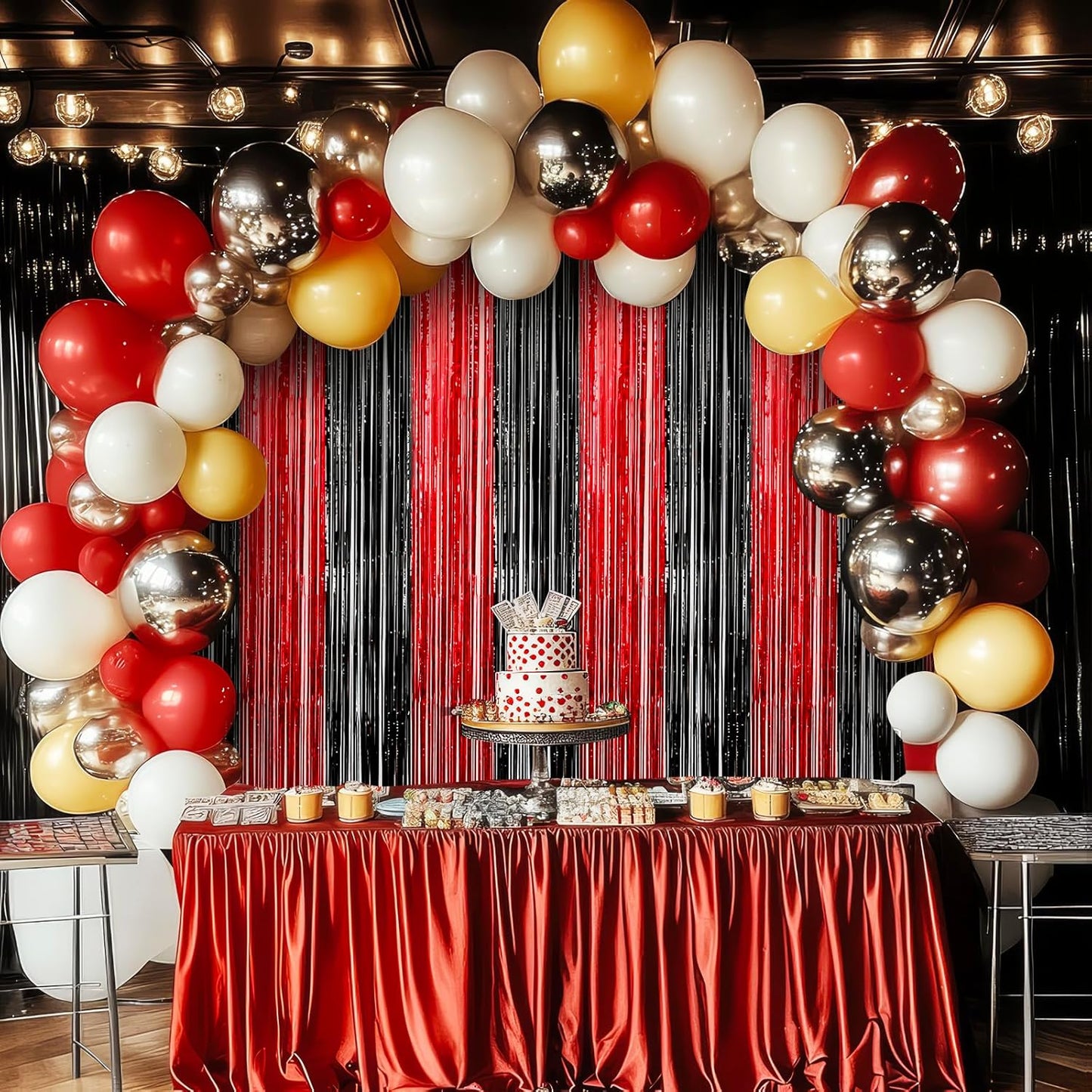 RUBFAC 2 Pack Red and Black Backdrop Party Decorations Tinsel Foil Fringe Curtains Streamers for Casino Theme Halloween Bachelorette Birthday Holiday Celebrations Party Supplies