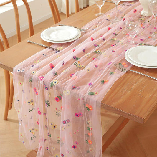 Pink Embroidery Daisy Fall Table Runner 120Inch 10FT Florals Soft Sheer Tulle Fabric Table Runner for Home Decor, Brithday, Wedding, Baby Shower ,Holiday ,Parties, DIY Craft,3PC