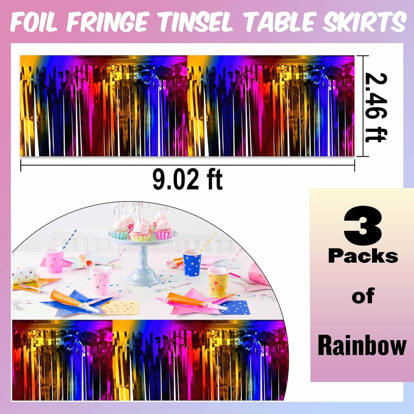 3 Pack Rainbow Foil Fringe Table Skirts Metallic Tinsel Streamers Garland Banner Backdrop for Table Decor, Parade Float, Birthday, Wedding, Halloween, Christmas Party Decorations(29x108 In)