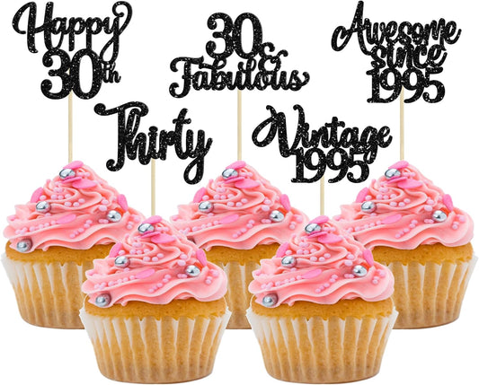 30Pcs Happy 30th Birthday Cupcake Toppers Glitter Thirty Vintage 1995 Cupcake Picks Cheers to 30 Fabulous Cake Decorations for 30th Birthday Wedding Anniversary Party Supplies Black