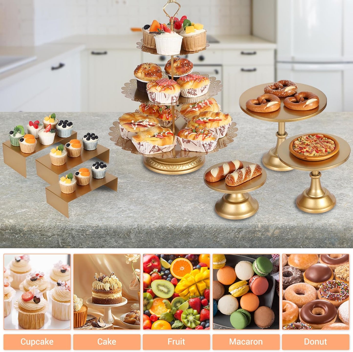 Garvee 7-Piece Gold Metal Cake Stand Set, Dessert Table Display Set with 3 Sizes Round Pedestal Stands, Tiered Cupcake Holder & Display Risers for Party, Wedding, Birthday, Baby Shower, Anniversary