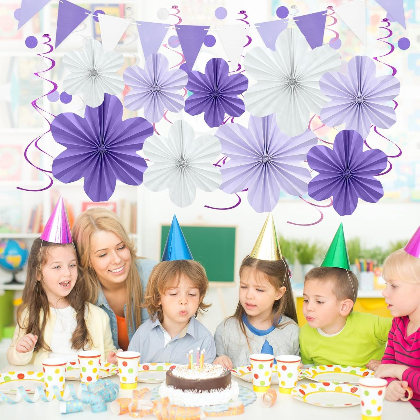 Lavender Birthday Party Decorations - Purple White Party Decorations with Hanging Paper Flowers,Tassel Garland and Swirls for Women Girl, Baby Showers Wedding Bachelorette Party Supplies