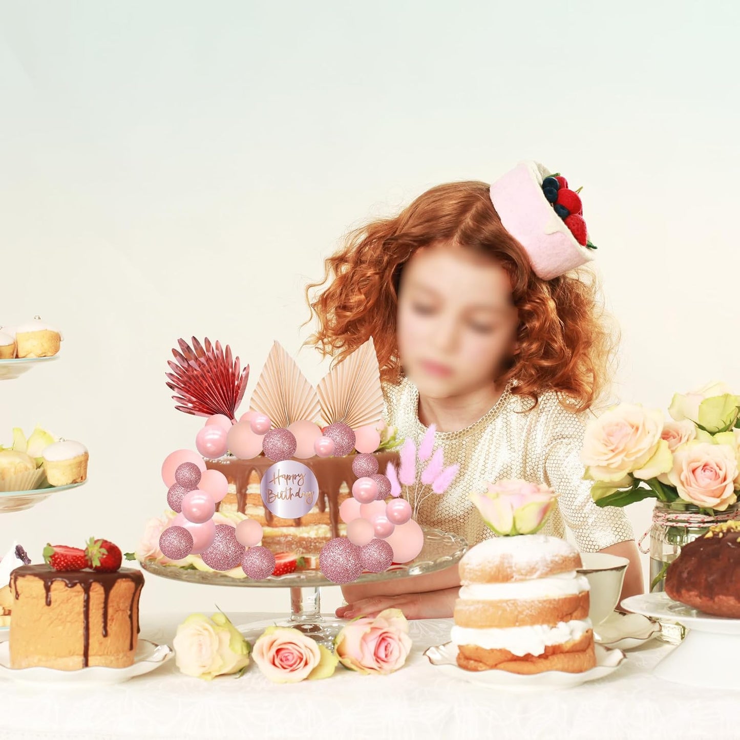 Ephlyn 33 Pack Balls Cake Toppers Boho Palm Leaves Cake Decorations Round Acrylic Happy Birthday Cupcake Toppers for Birthday Wedding Baby Shower Party Supplies Rose Gold