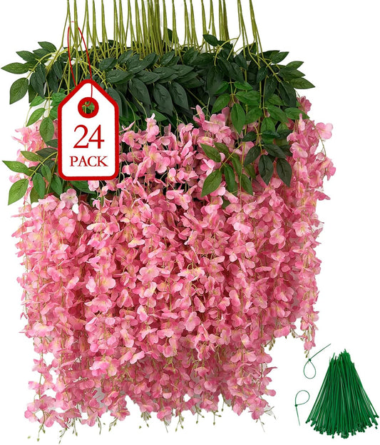 24 Pcs of Wisteria Hanging Flowers, 3.75 Feet Fake Wisteria Flower Strings, Artificial Wisteria Flowers Hanging Garland for Backdrop, Wedding, Ceremony,Garden and Home Wall Decoration (Pink)