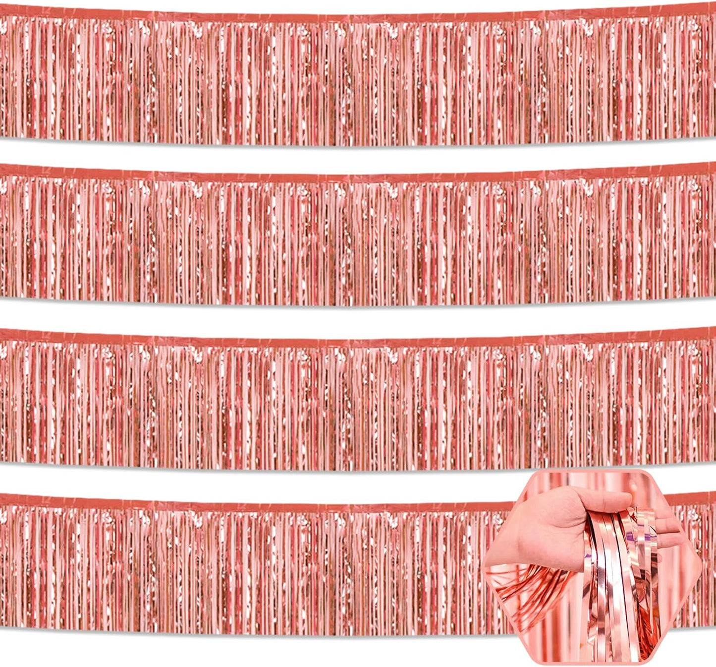 4 Pack 10 Feet Rose Gold Foil Fringe Garland Metallic Tinsel Streamers Banner Wall Hanging Curtain Backdrop for Parade Floats, Wedding, Graduate, Mother's Day, Birthday Party Decoration