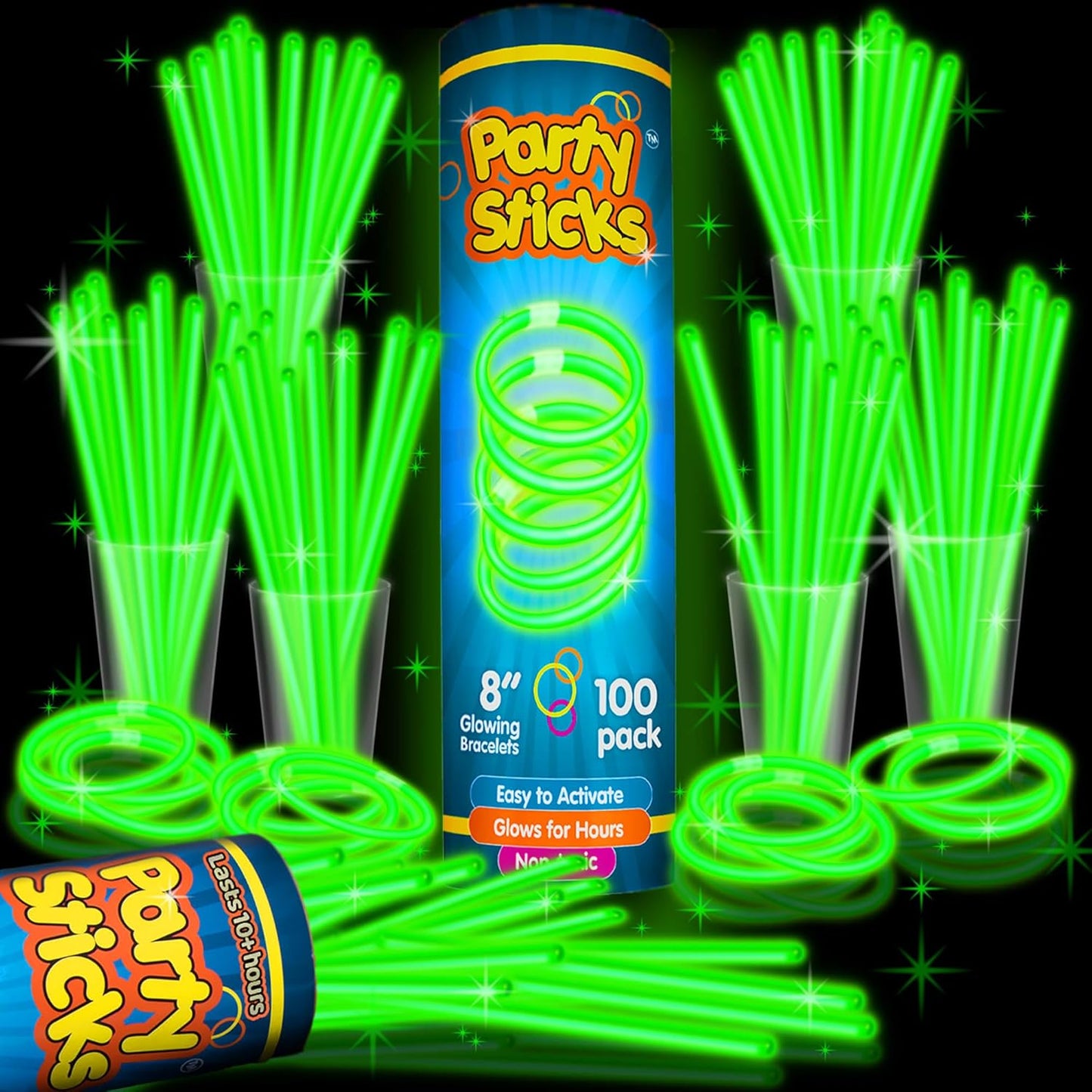 PartySticks Green Glow Sticks - 100pk, 8 Inch Glow in the Dark Light Up Sticks and Connectors for Party Favors, Decorations, Necklaces and Bracelets