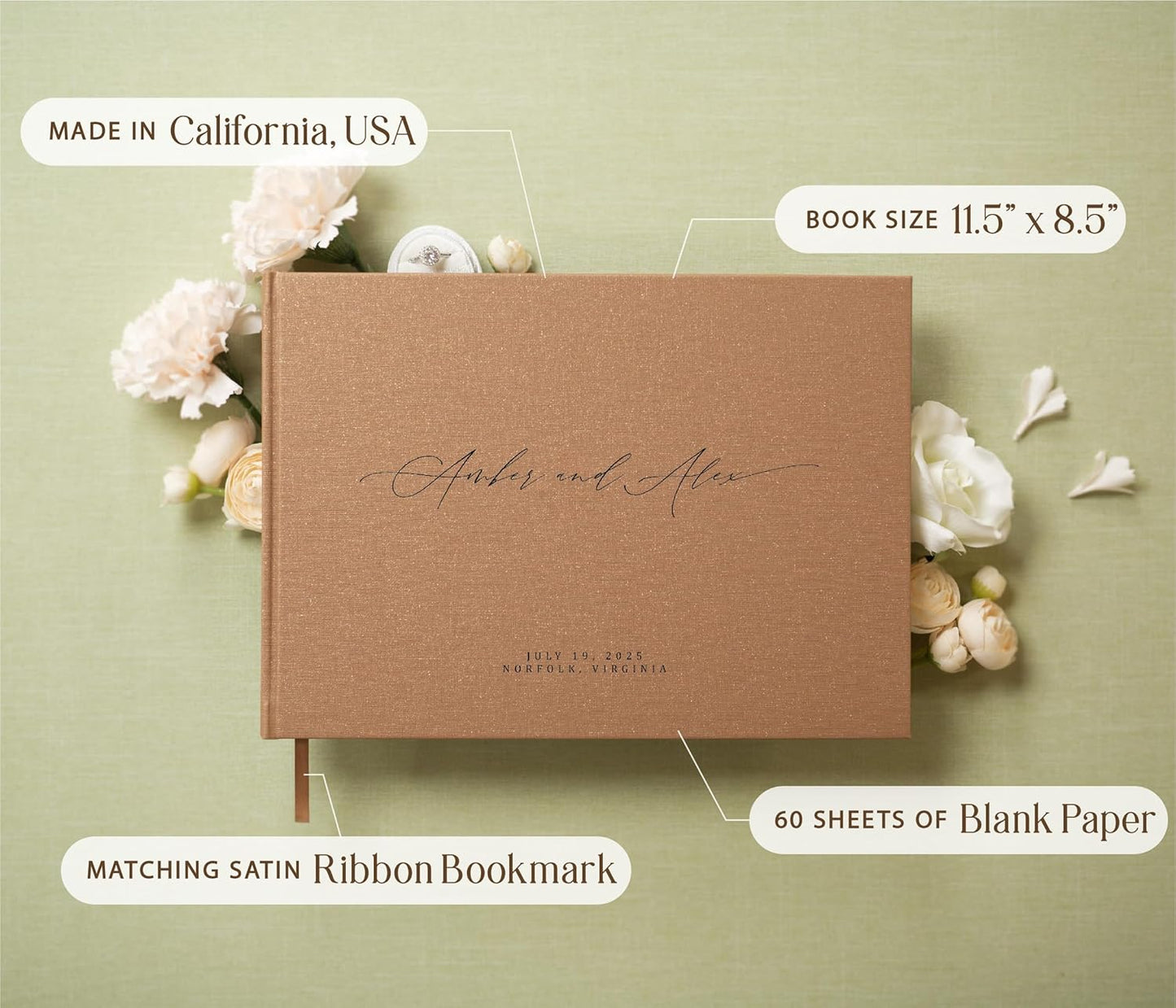 MUUJEE Personalized Guestbook in Bronze Shimmer - Premium Custom Modern Guest Book for Wedding Reception, Birthday Party or Events w/Bookmark Blank Pages for Signing 11.5 x 8.5 inches