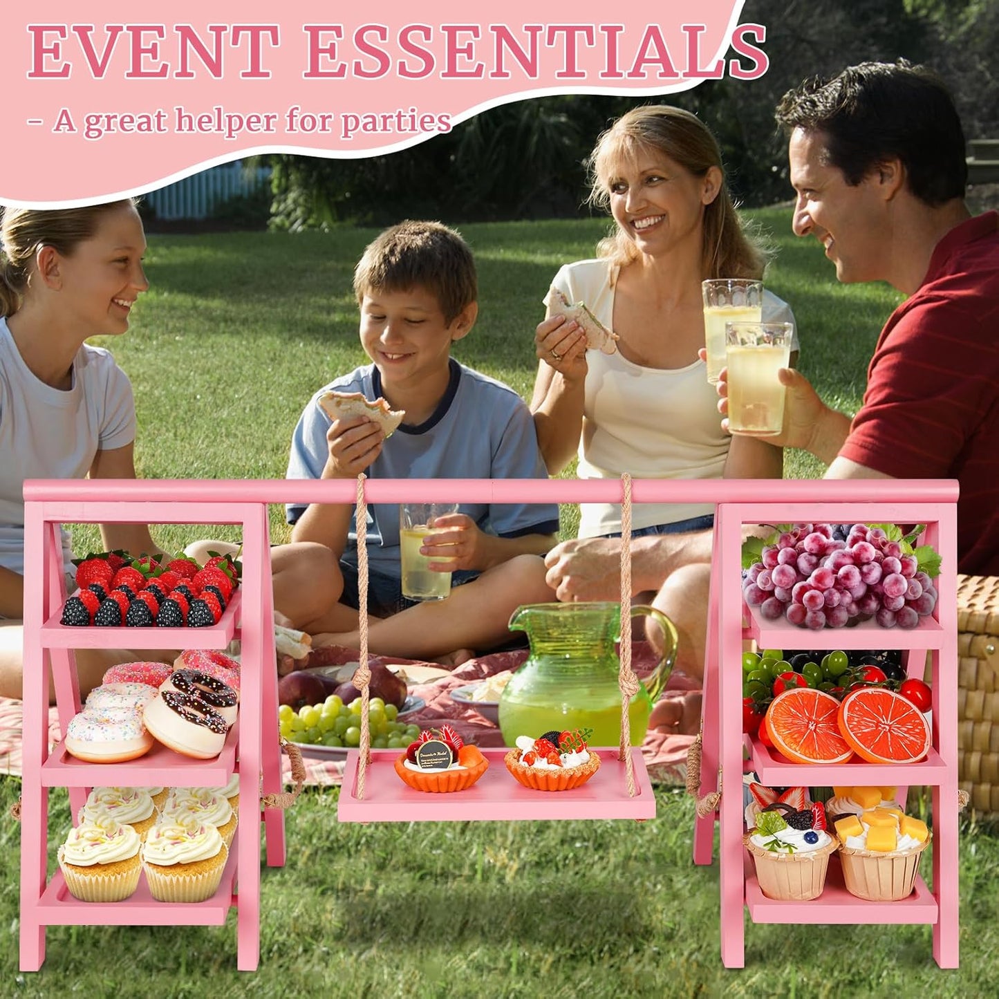 Wooden Cupcake Stand, 3 Tier Cupcake Display Stand for Dessert Display, Dessert Stands with Serving Tray and Foldable Stand for Party, Birthday, Wedding, Events, Baby Shower (Pink)