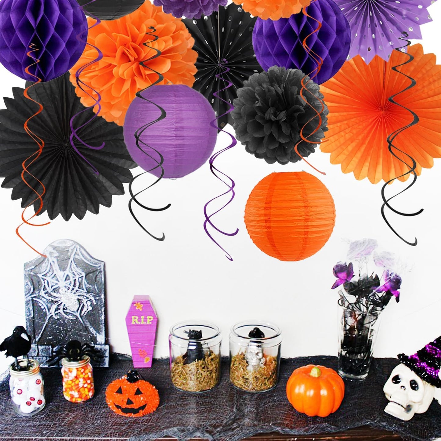 Black-Purple Orange Halloween Birthday Party-Decorations - 21pcs Happy Banner,Paper Lanterns Honeycomb,Tissue Pom Poms Flower Fan,Kids Classroom Hanging Streamers Garland Decor Supplies Huglony