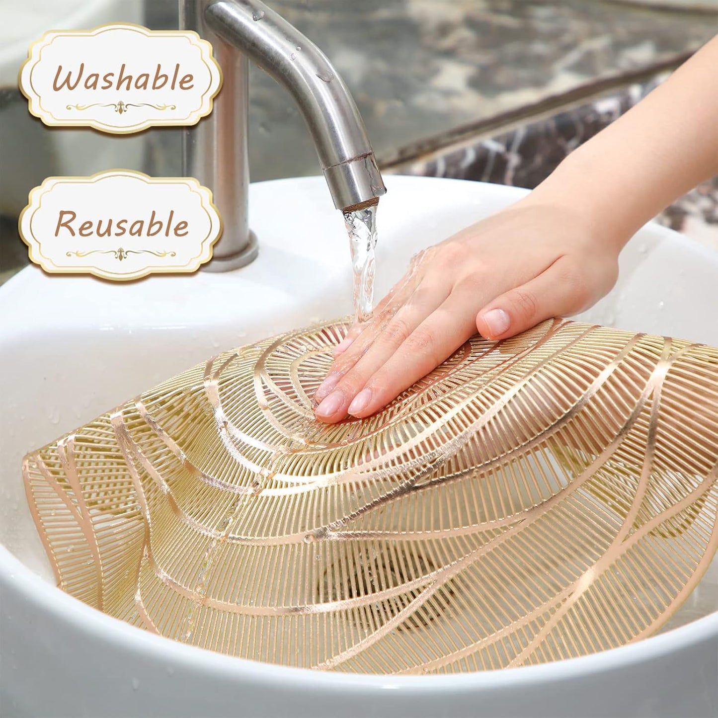 Sieral 24 Set 15 Inch Round Pressed Vinyl Placemats Hollow Out Rose Placemat Set Metallic Slip Resistant Place Mat Coaster Including Place Mats and Coasters for Wedding Dining Kitchen (Gold)