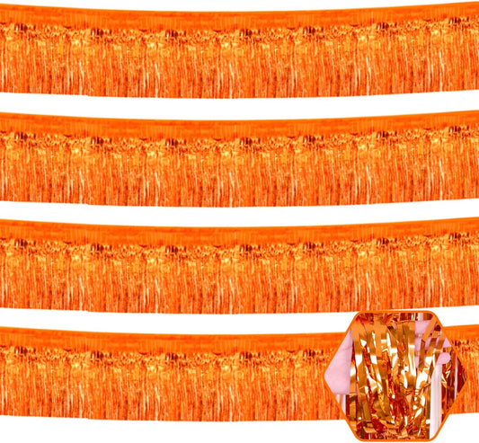 4 Pack 10 Feet Orange Foil Fringe Garland Metallic Tinsel Streamers Banner Wall Hanging Curtain Backdrop for Parade Floats, Wedding, Graduate, Mother's Day, Birthday Party Decoration