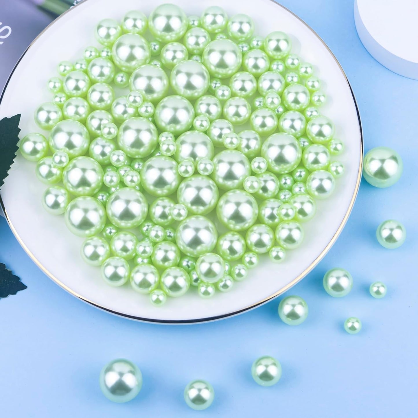 150Pcs Light Green Polished No Hole Faux Pearl Beads for Vase Filling Decorations, Plastic Pearls Vase Fillers, Table Scatters, Wedding Centerpiece, Home Decor, 8/14/20 mm