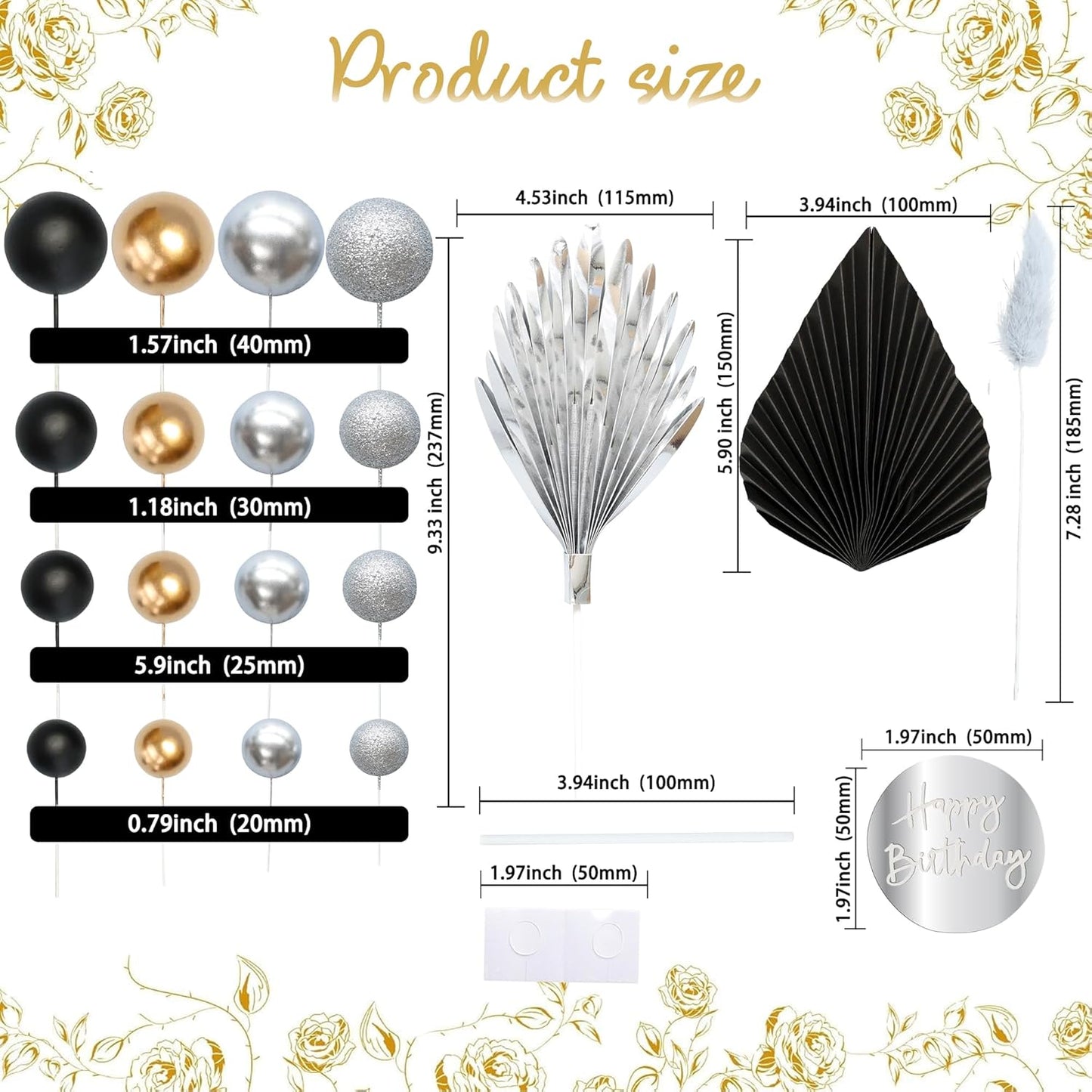 Ephlyn 33 Pack Balls Cake Toppers Boho Palm Leaves Cake Decorations Round Acrylic Happy Birthday Cupcake Toppers for Birthday Wedding Baby Shower Party Supplies Black Silver