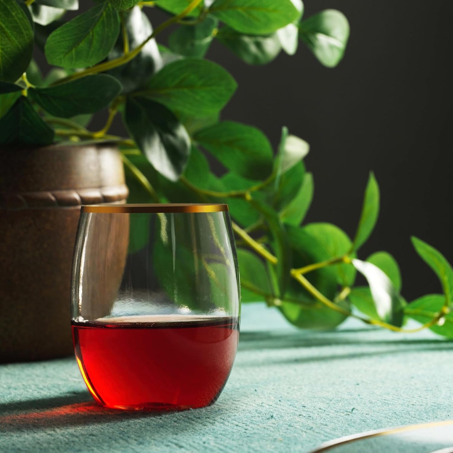 Munfix 48 Pack Plastic Stemless Wine Glasses with Gold Rim, Disposable 12 Oz Clear Plastic Wine Cups Shatterproof Recyclable and BPA-Free