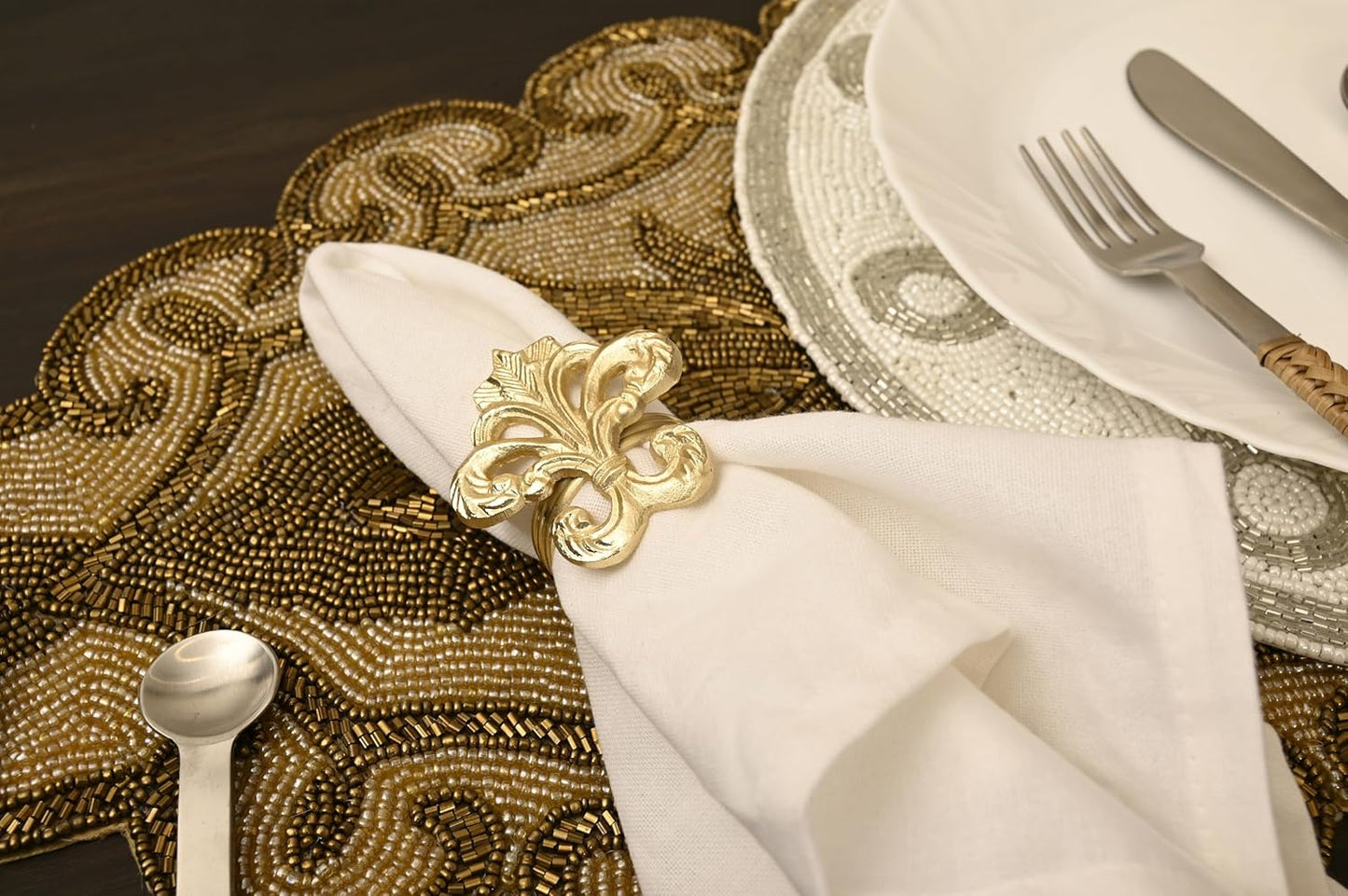 Lightweight Metal Napkin Rings Set of 12 - Fleur-de-Lis Napkin Holders for Dining Table, Weddings, and Special Events - Elegant Table Décor for Home & Restaurants (Gold) - CLEENTABLE