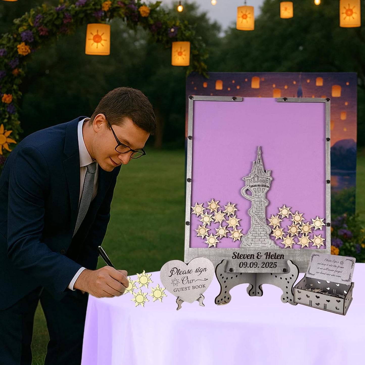 Tangled Guest Book for Wedding | Silver Princess Tower Guest Book Alternative | Fairytale Wedding Guestbook | Personalized Wooden Sign In Book Keepsake