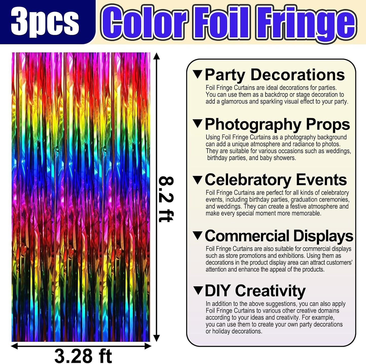 3 Pack Rainbow Foil Fringe Curtain Backdrop, 3.28Ft x 8.2Ft Metallic Tinsel Foil Fringe Streamer Curtains for Photo Booth, Christmas Day, Thanksgiving, Wedding, New Year Party Decorations
